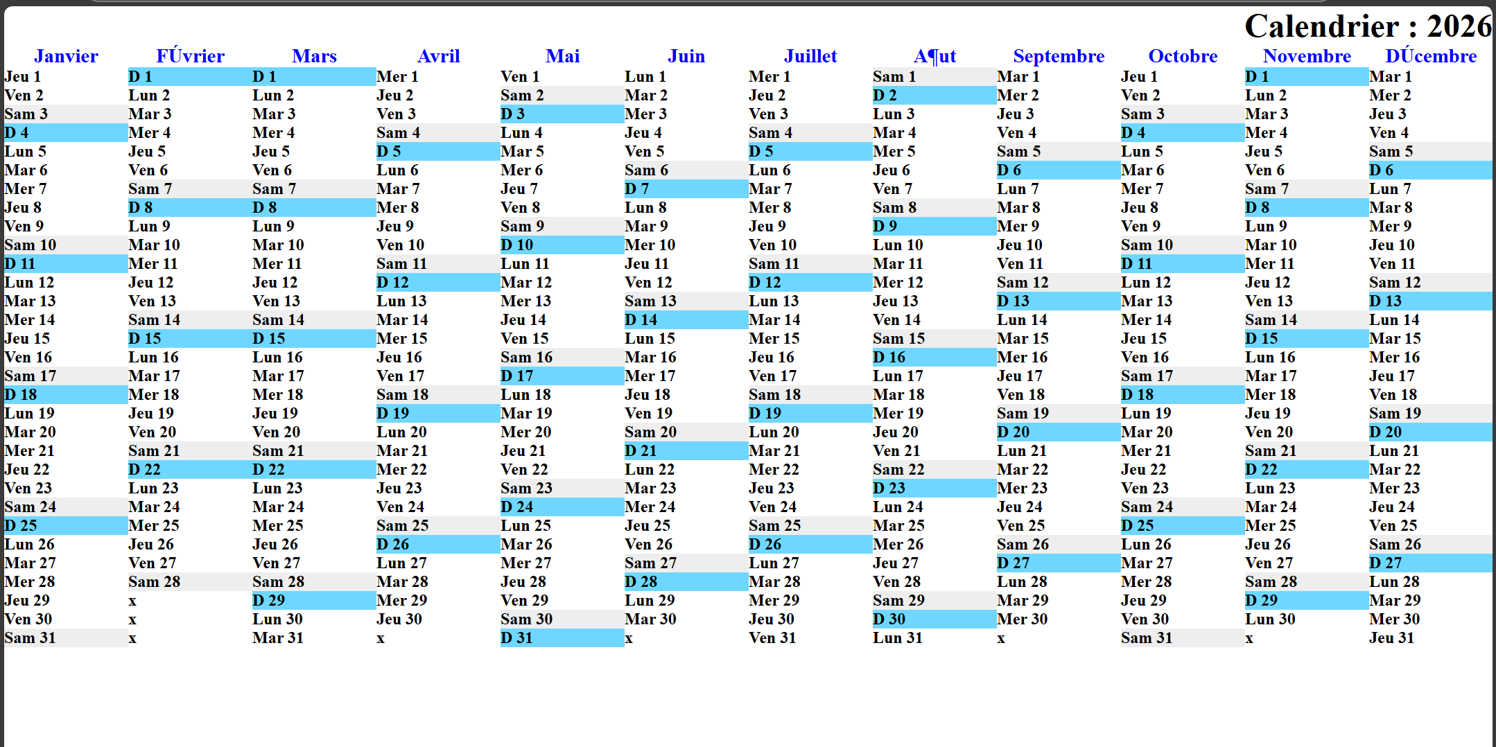 Calendrier HTML en Java